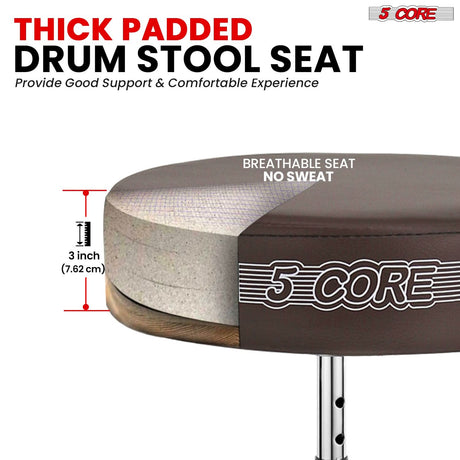 Thick padded drum stool for superior comfort and support during extended playing sessions