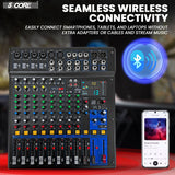 Bluetooth DJ mixer with wireless connectivity, multiple channel controls, and built-in effects for seamless mixing