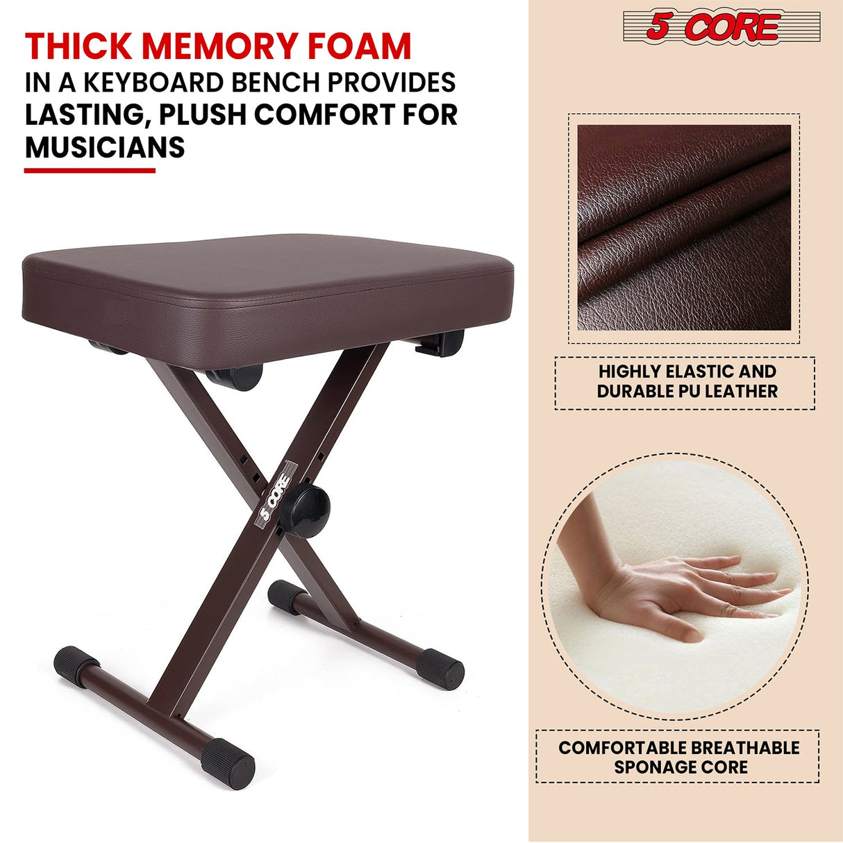 5 Core Keyboard Bench X Style Piano Stool Heavy Duty Adjustable Keyboards Chair Brown