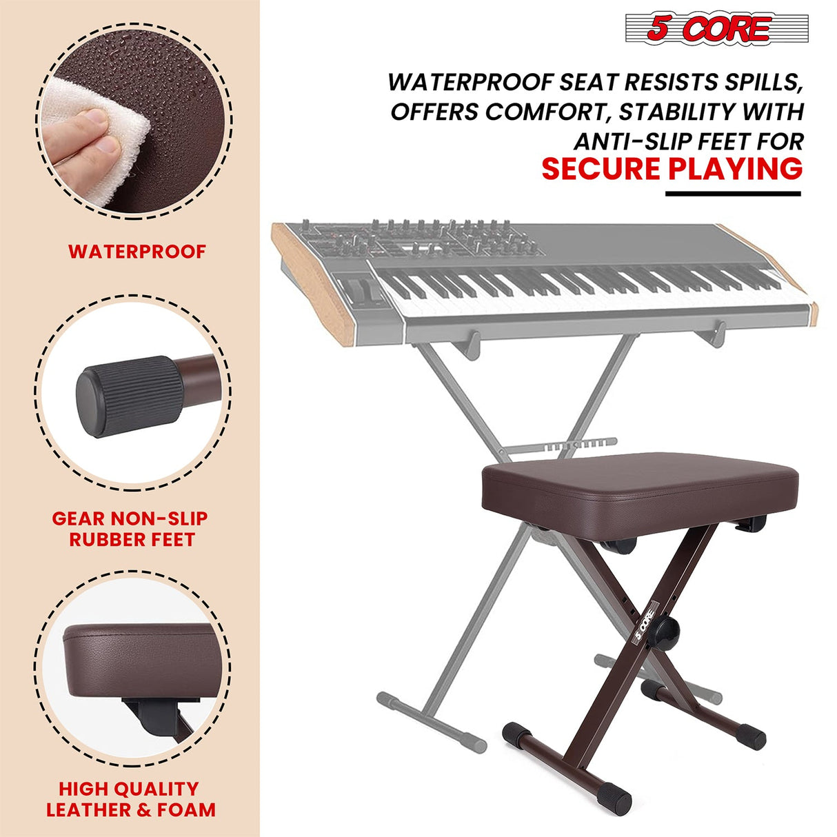 5 Core Keyboard Bench X Style Piano Stool Heavy Duty Adjustable Keyboards Chair Brown