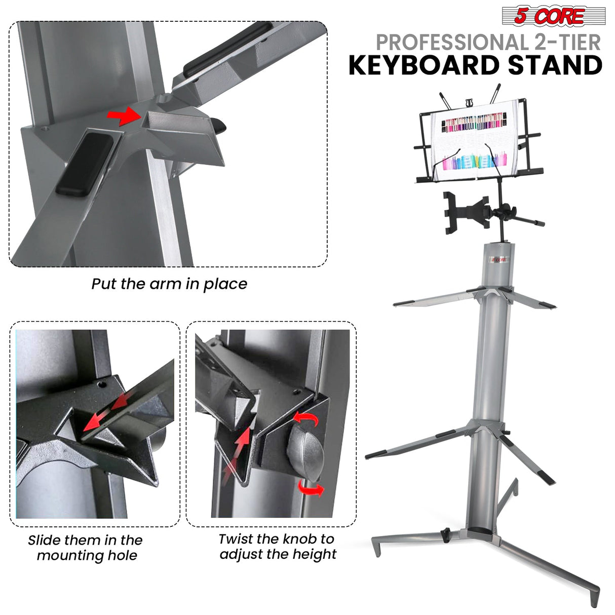 Double keyboard stand with adjustable height, designed to hold two keyboards securely during performances