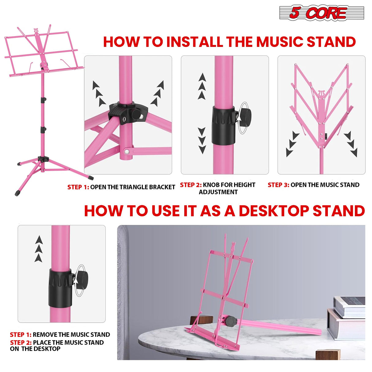 Easy to install music stand with adjustable height, portable design, and simple setup for quick use and storage