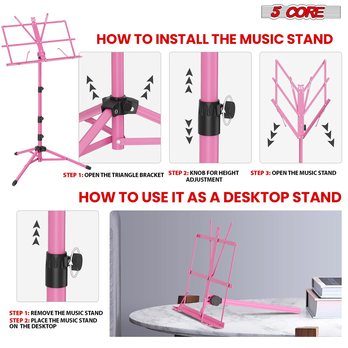 Easy to install music stand with adjustable height, offering quick setup and portability for convenient use