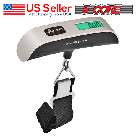 5 Core Luggage Scale: 110lb/50kg with Backlight LCD Display Portable Handheld Digital Scale - Luggage Hanging Scale with Rubber Paint Handle, Temperature Sensor, Battery Included- LSS-004