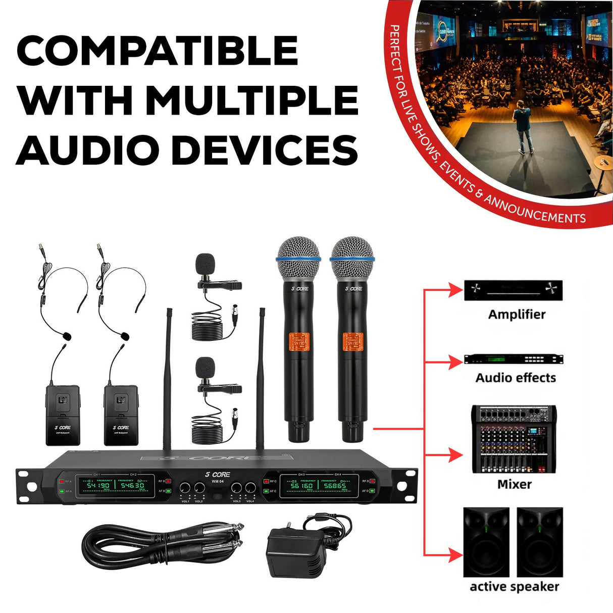 5 Core Wireless Microphones Set 4 Channel UHF Microfono Inalambrico w Handheld Lapel Headset Mic