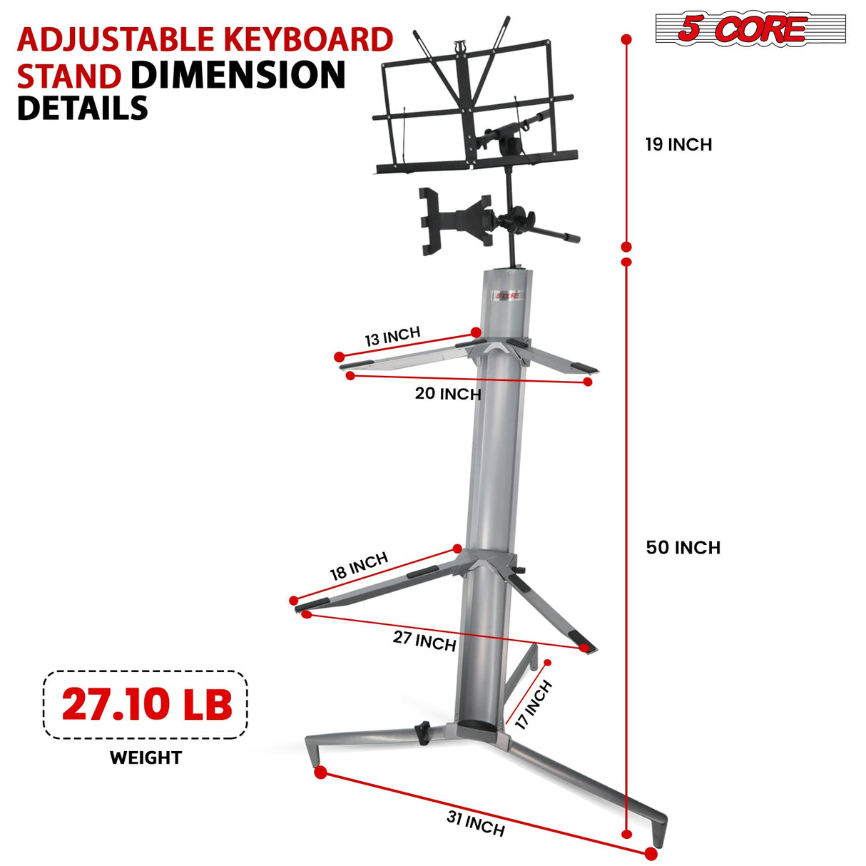 Two tier keyboard stand with adjustable height and high weight capacity, designed for stability and support