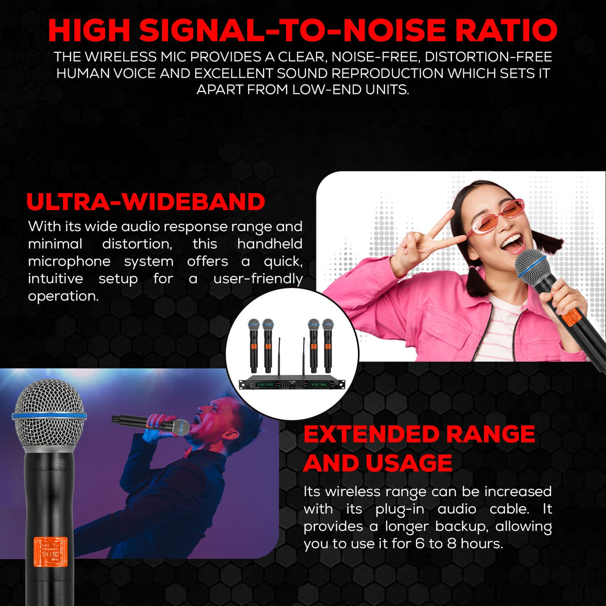 High signal-to-noise ratio wireless microphone for clear and crisp audio.