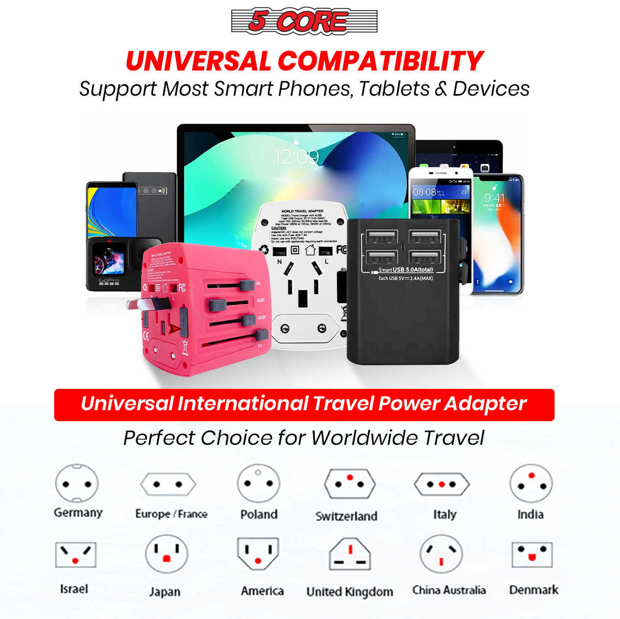 5Core Universal Travel Adapter International Power Adapters 3 Pack Multicharger Plug