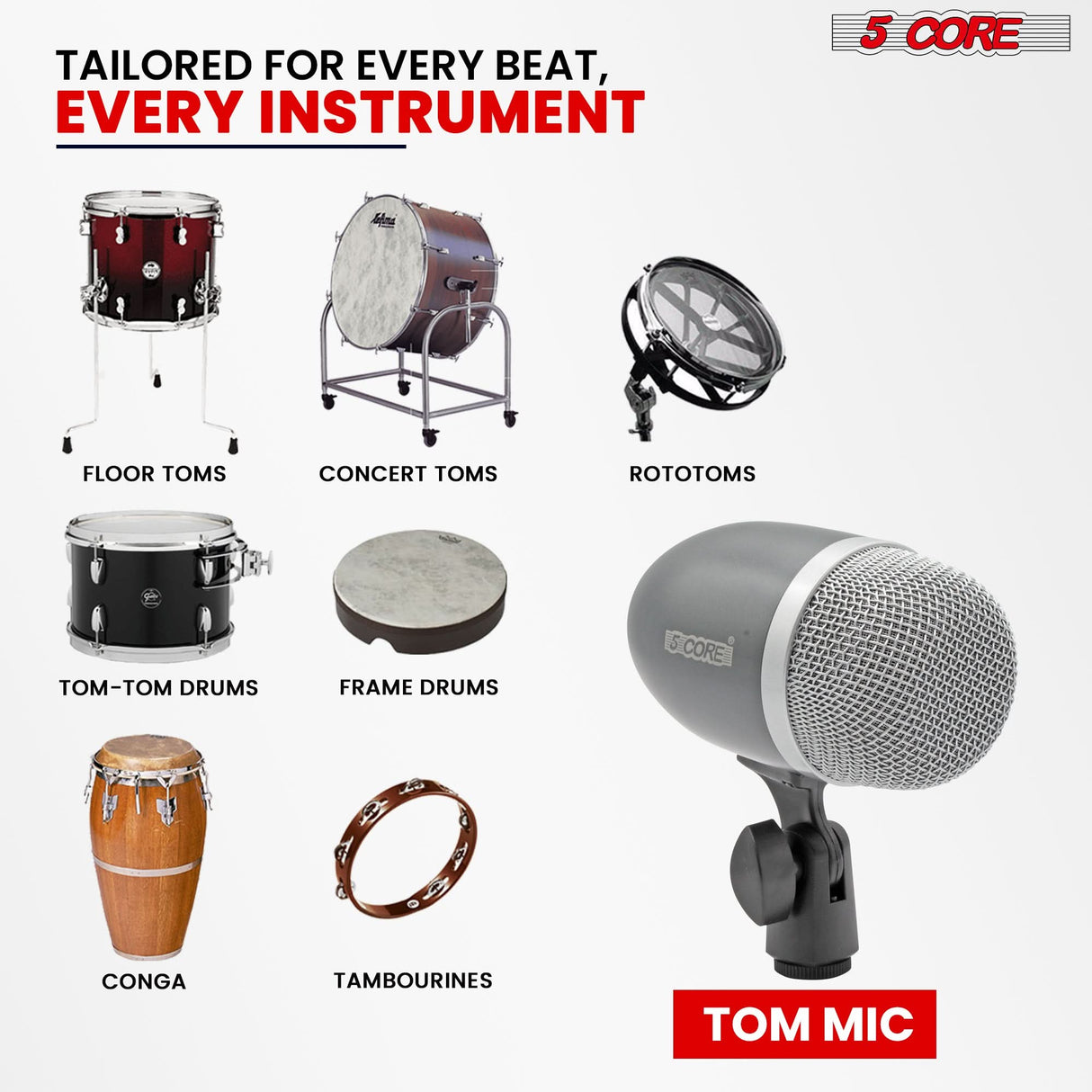 5Core Tom Snare Mic Cardioid Dynamic Microphone for Drum Kit Percussion Instrument GREY