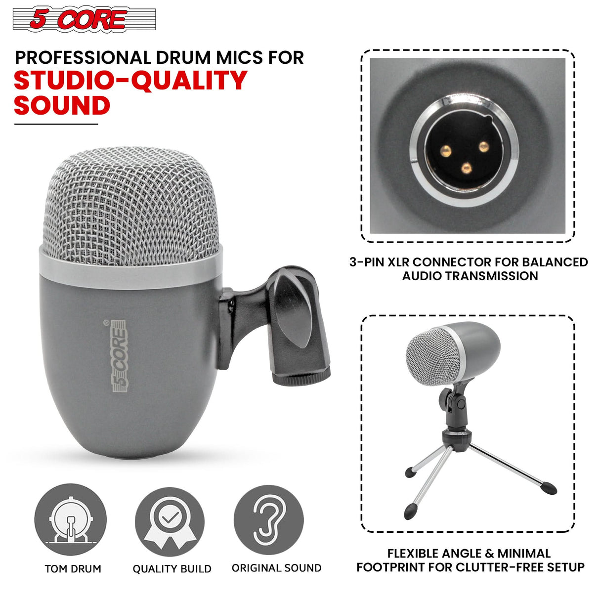 5Core Tom Snare Mic Cardioid Dynamic Microphone for Drum Kit Percussion Instrument GREY