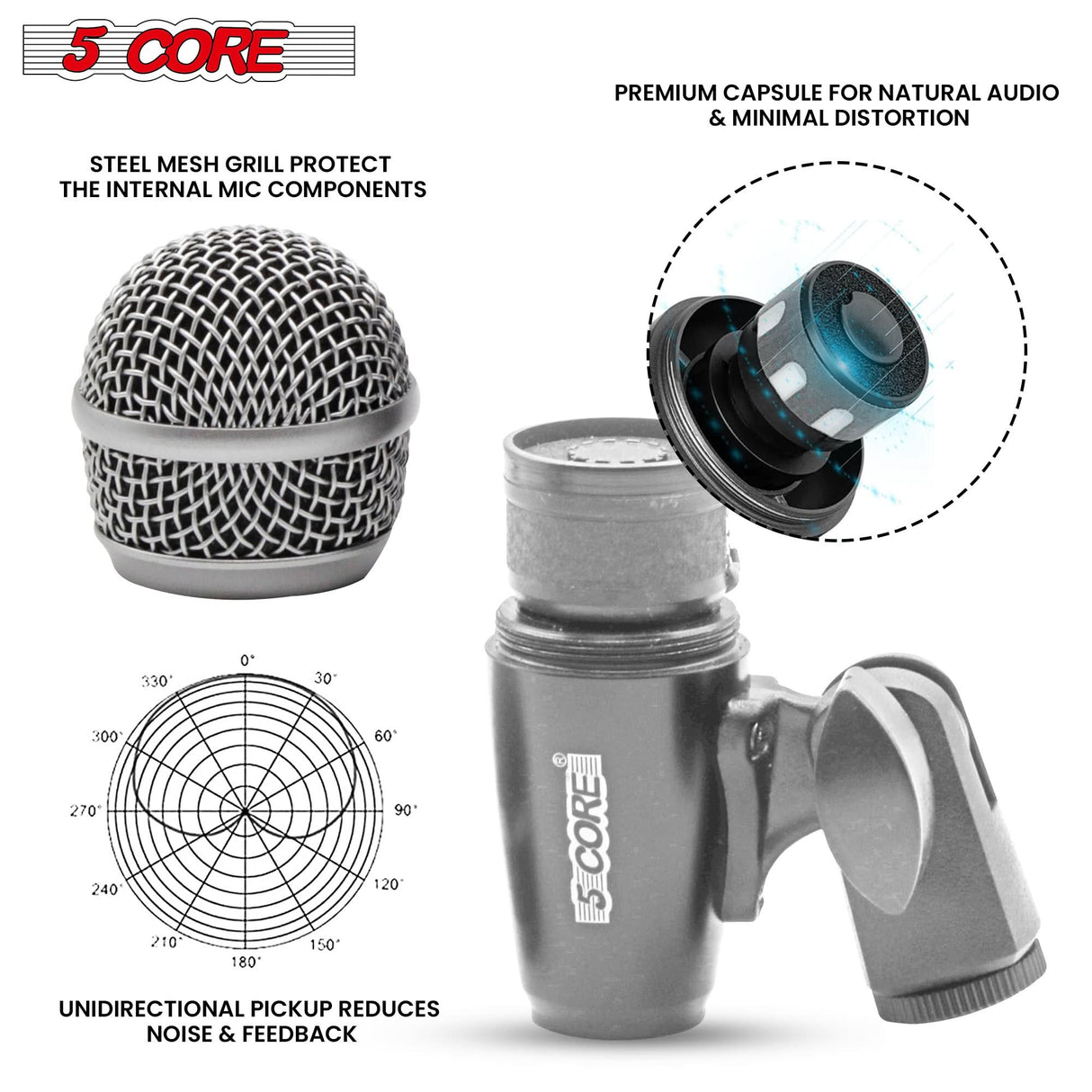 5Core Snare Mic XLR Cardioid Tom Drum Kick Instrument Microphone GREY