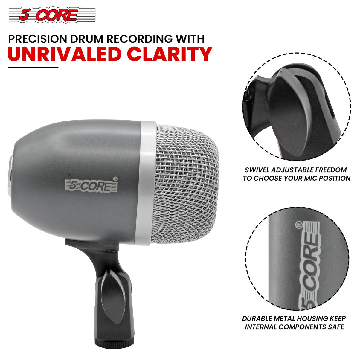 5Core Tom Snare Mic Cardioid Dynamic Microphone for Drum Kit Percussion Instrument GREY