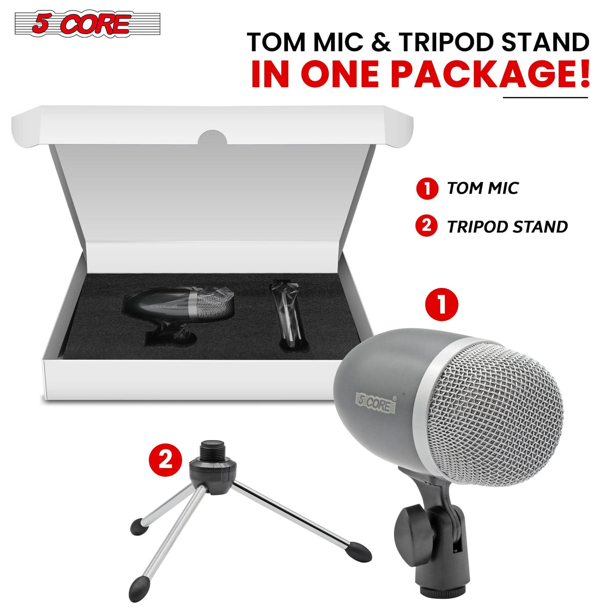 5Core Tom Snare Mic Cardioid Dynamic Microphone for Drum Kit Percussion Instrument GREY