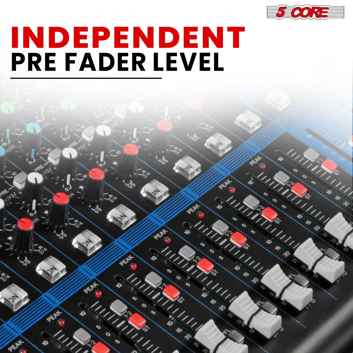 Independent prefader control on audio mixer for individual channel adjustments before the main fader