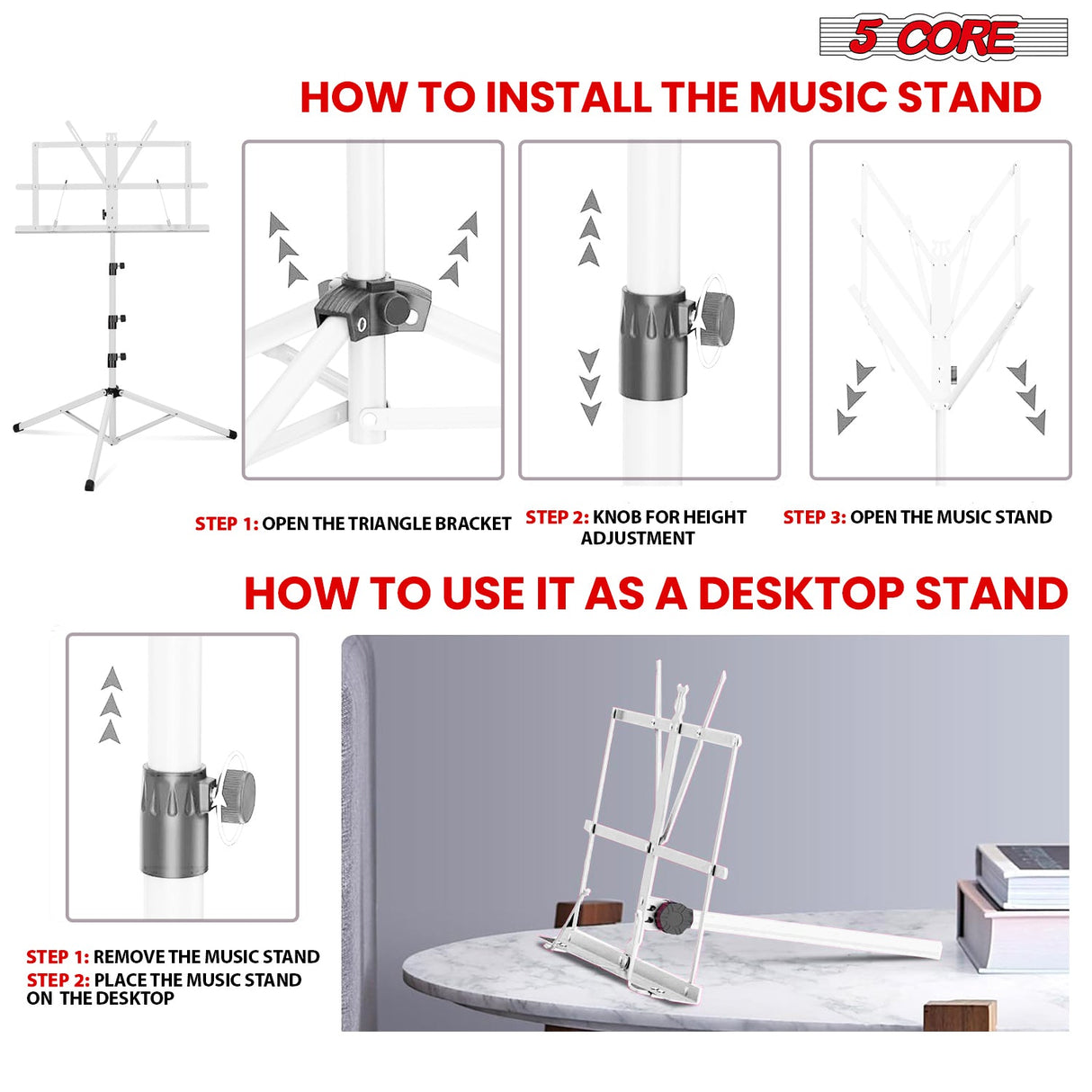 Clear step-by-step installation instructions with visuals for easy setup and assembly of music equipment or stands