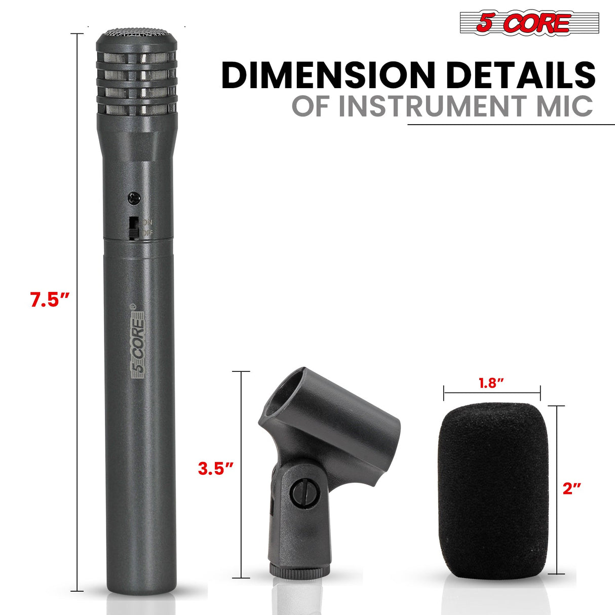 5Core Instrument Microphone Professional XLR Cardioid Pencil Stick Condenser Mic Grey