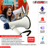5 Core Megaphone Portable 20W Bullhorn w Siren Adjustable Volume Bull Horn Loud Speaker 300m Range
