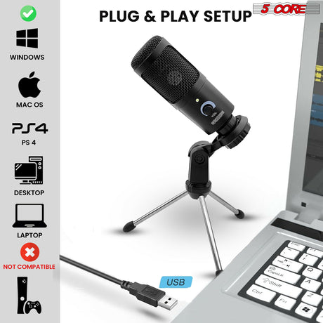 5 Core Recording Microphone Podcast Bundle w Condenser Mic Desk Stand Foam Cover Shock Mount