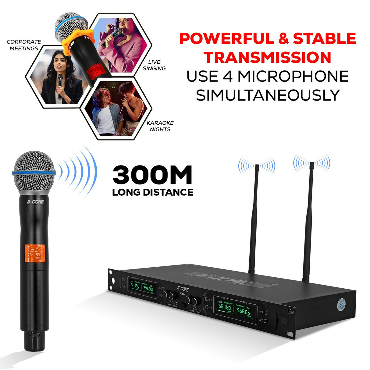 5 Core Wireless Microphones Set 4 Channel UHF Microfono Inalambrico w Handheld Lapel Headset Mic