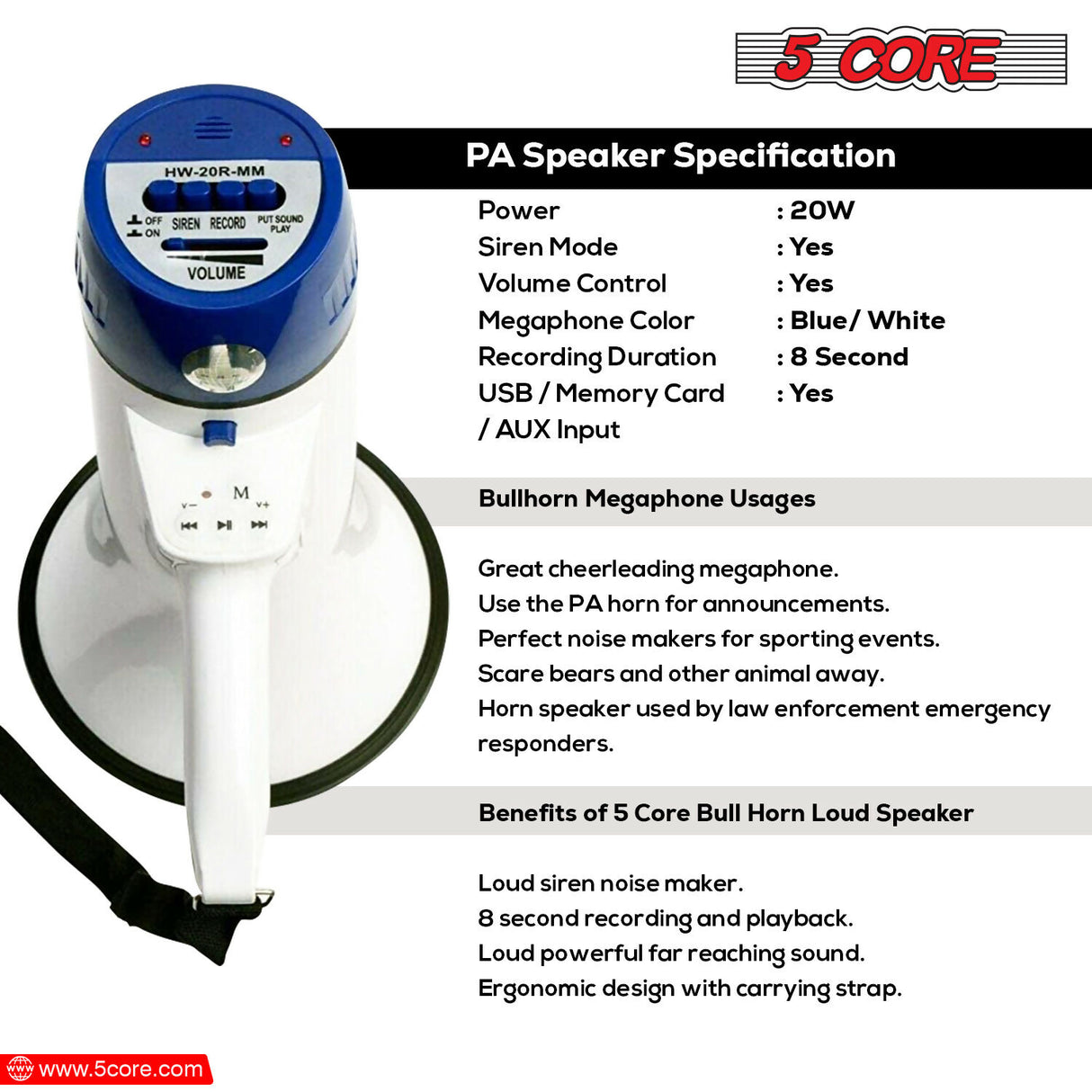 5 Core Megaphone Speaker Portable • 20W Bullhorn Loudspeaker w Siren Adjustable Volume Bull Horn