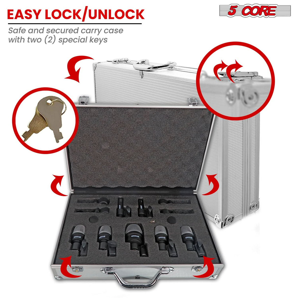 High-quality drum mics kit featuring an easy lock/unlock system for secure mounting.