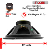 5 Core 12 Inch Subwoofer Speaker 1200W Peak 8 Ohm DJ Replacement Bass Sub Woofer 23 Oz Magnet