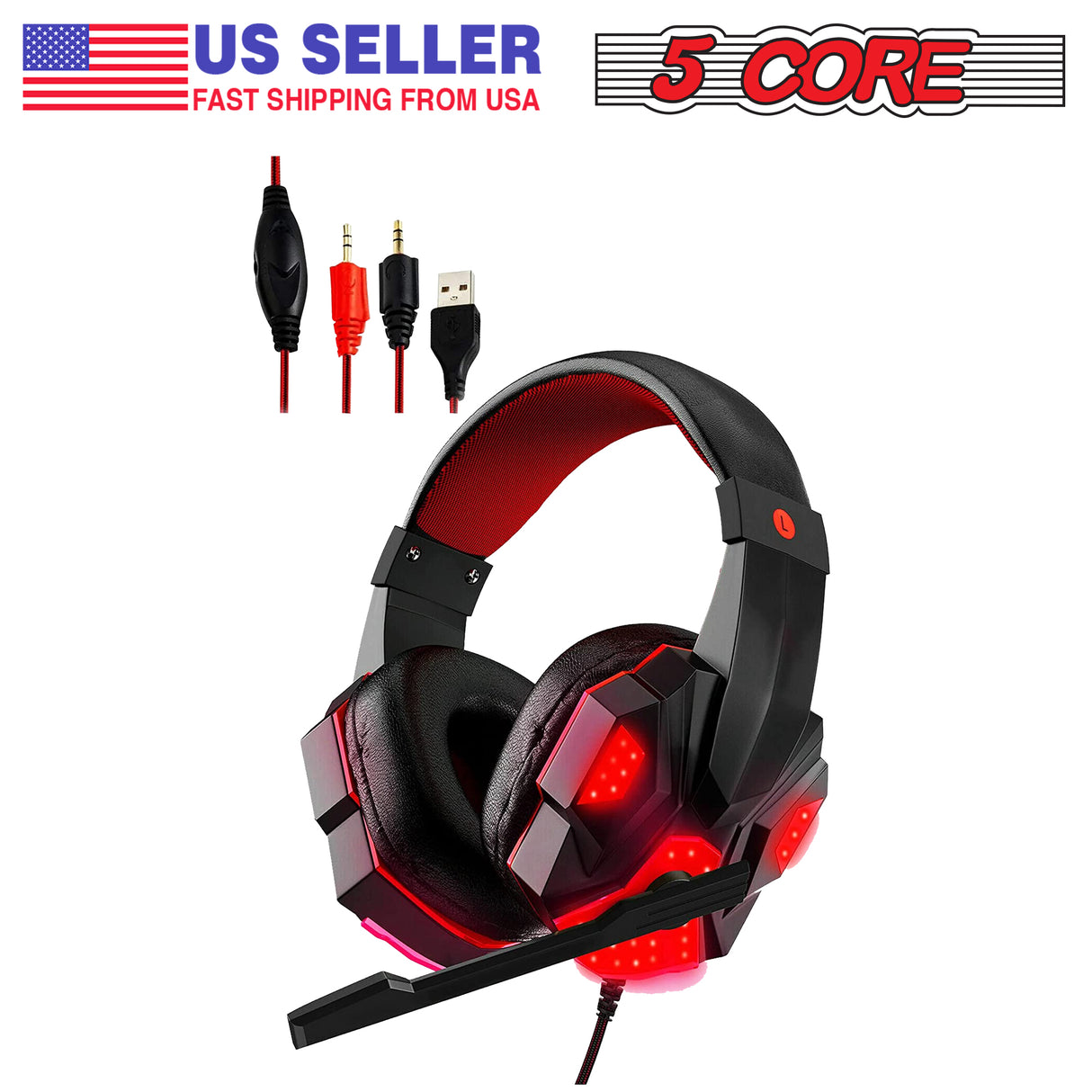 5 CORE 2Pcs Gaming Headset for PS4 PC One PS5 Console Controller, Noise Cancelling Microphone Over Ear Stereo Headphones with Mic, LED Light, Bass Surround, Earmuffs for Laptop Mac NES Games Red & Blue HDP GM1 R+B