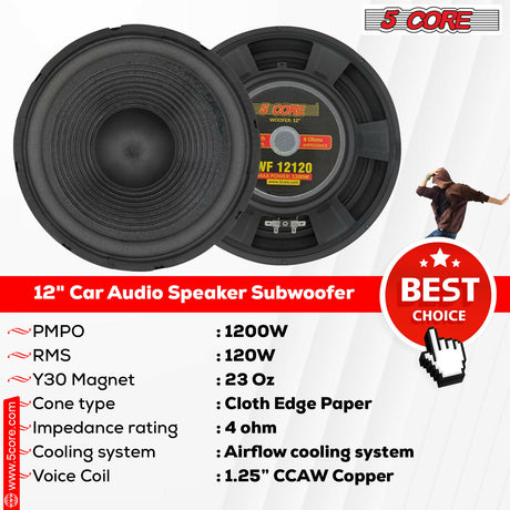 5 Core Subwoofer Speaker 12 Inch Pair Car Subs 1200W Peak Pro Audio 4Ohm Replacement Subwoofers Para Carro