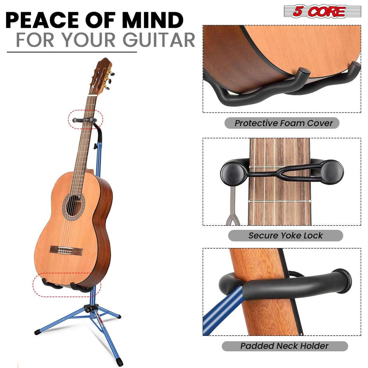 Safe acoustic guitar stand with secure design and padded arms to protect your guitar from damage while stored