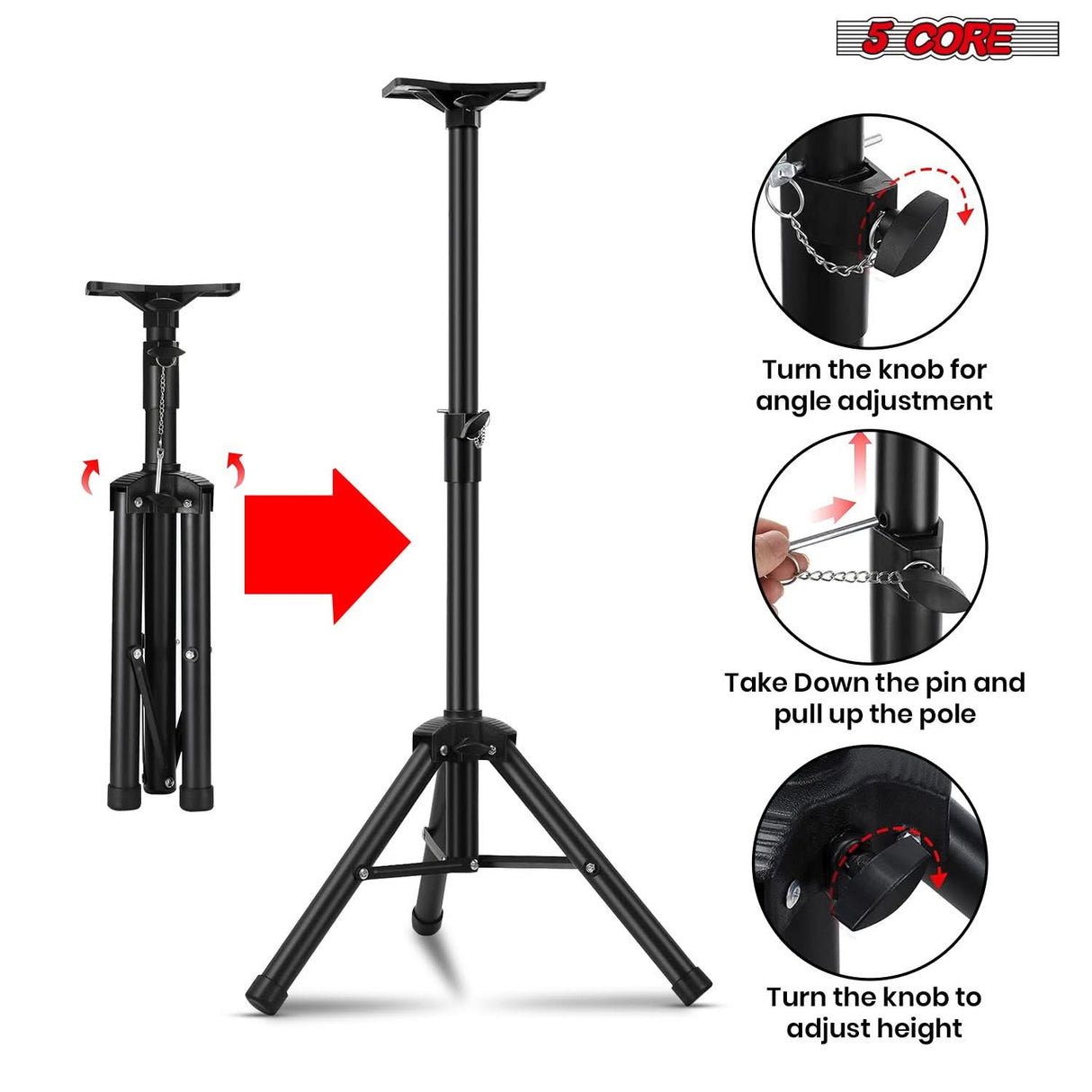 Speaker stand with safety pin and knob tension locking system for enhanced stability and secure height adjustment