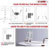 Music stand with simple installation and easy setup, featuring adjustable height and foldable design for quick assembly