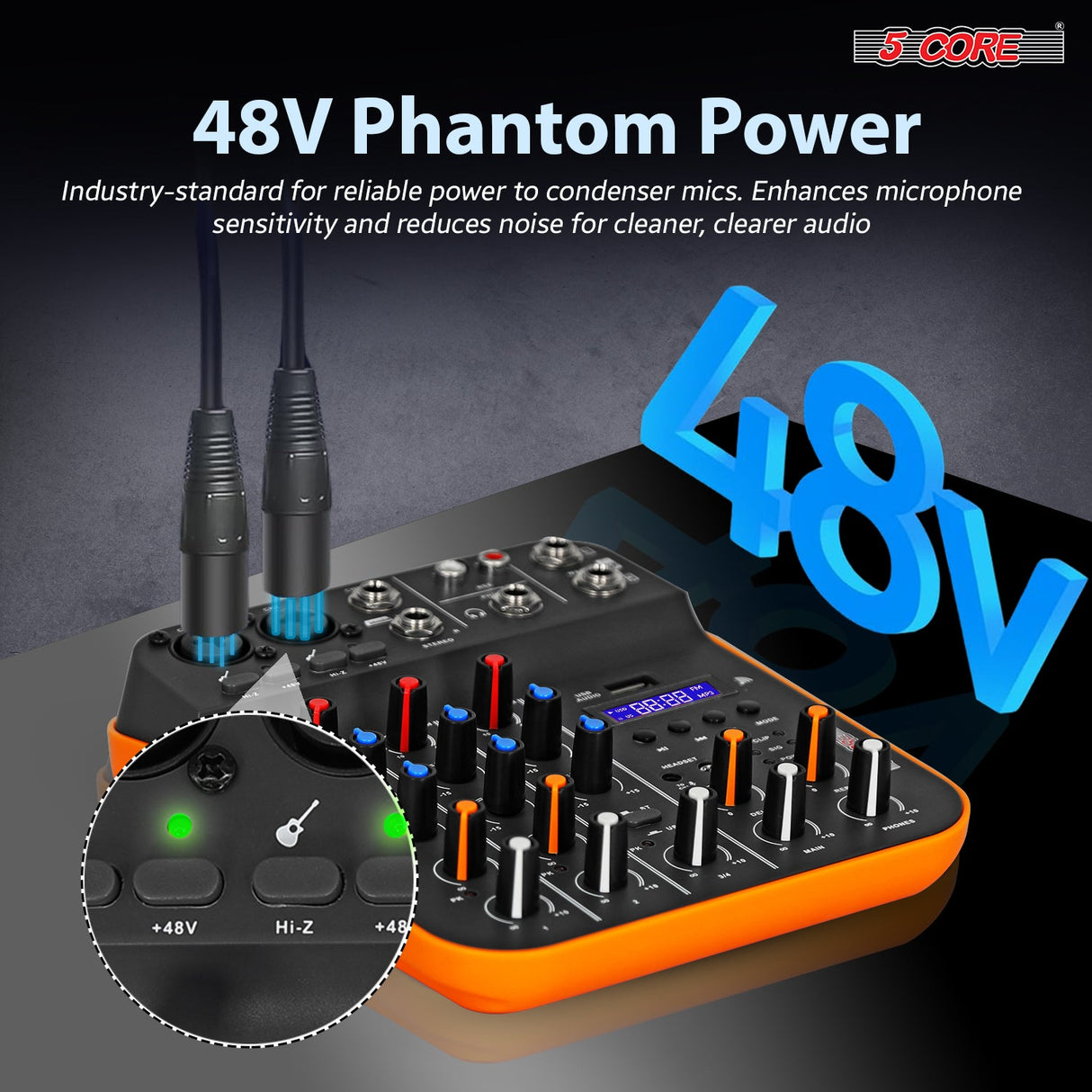 Professional soundboard with 48V phantom power for high-quality audio recording and mixing.