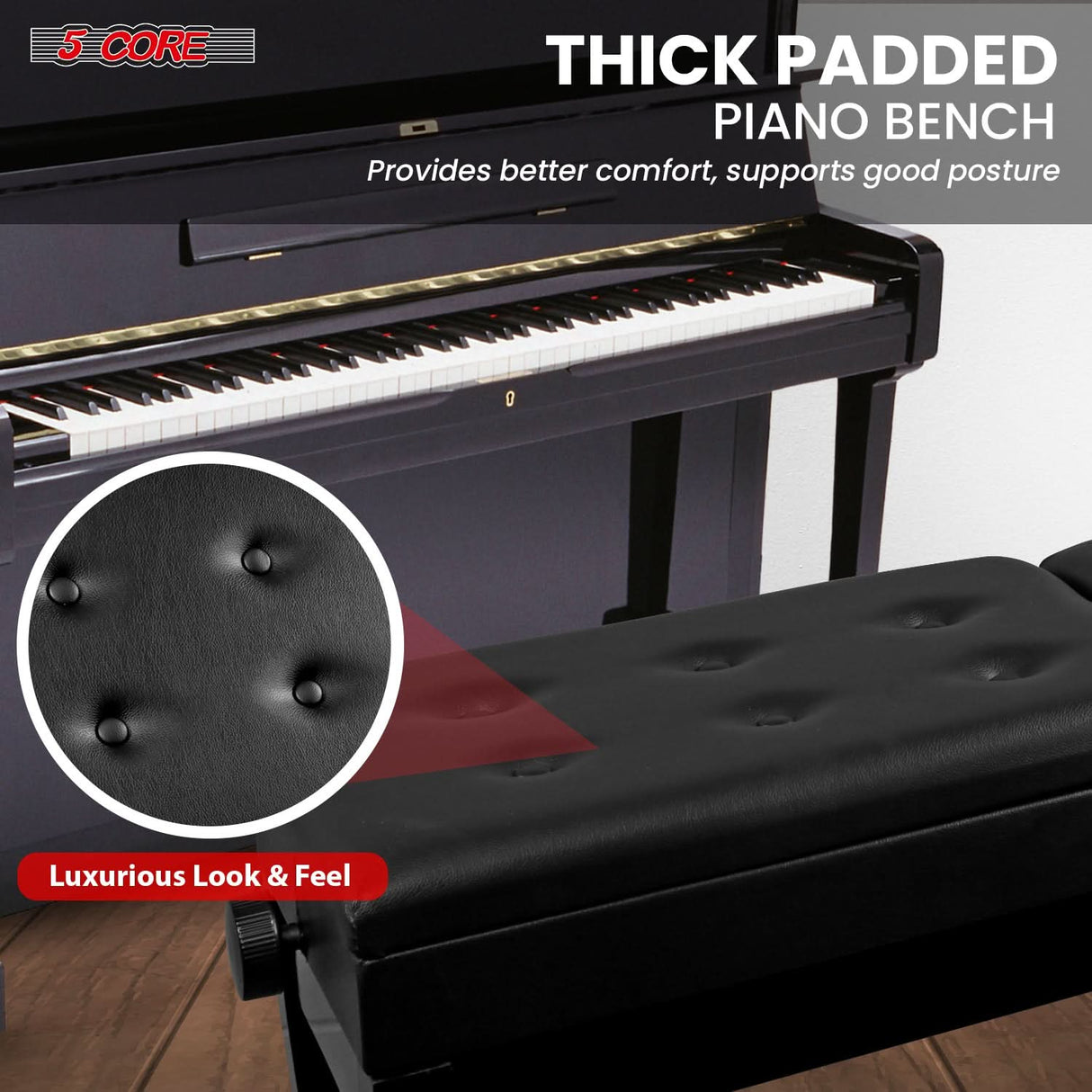 Thick padded piano bench with a comfortable cushion, sturdy legs, and elegant design for extended playing sessions