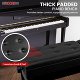 Thick padded piano bench with a comfortable cushion, sturdy legs, and elegant design for extended playing sessions