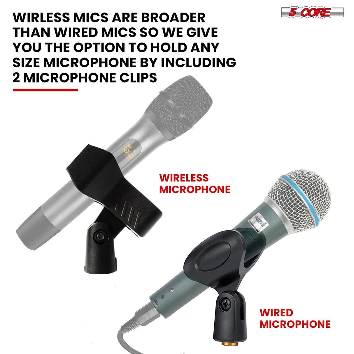 Universal microphone clip with adjustable grip for secure mic attachment.