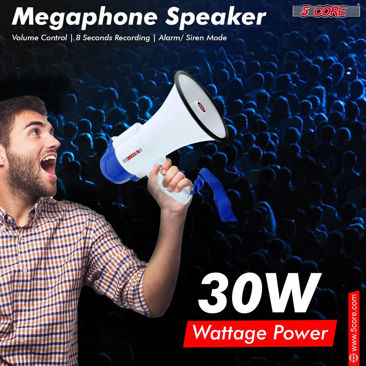 5Core Megaphone Bullhorn Speaker 30W Mini Bull Horn Battery Power Megafono 800 Feet USB BATTERY