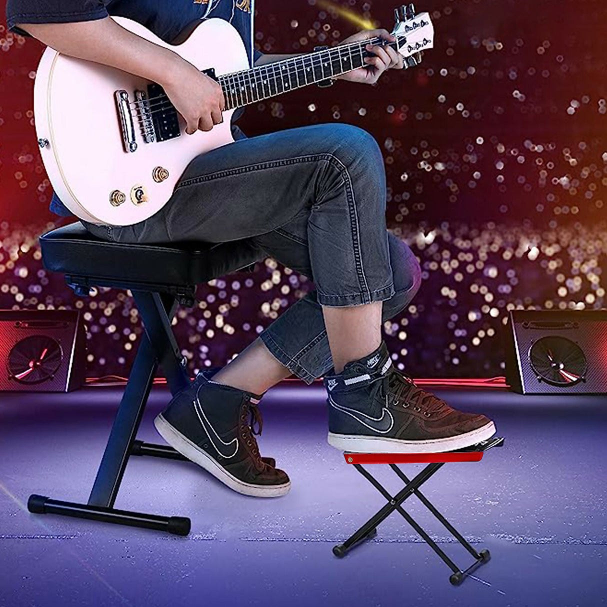 5 Core Guitar Foot Rest Stand 6 Level Adjustable Leg Footrest Sool Rubber Pad Stable 1/2 Pc Red