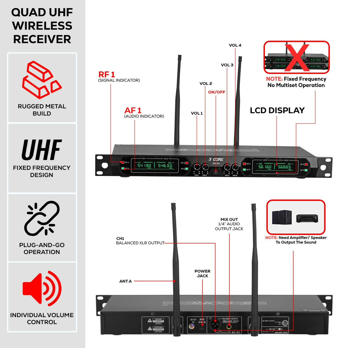 5 Core Wireless Microphones Set 4 Channel UHF Microfono Inalambrico w Handheld Lapel Headset Mic