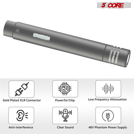 5 Core Instrument Microphone Professional Pencil Condenser XLR Mic w Cardioid Uni Directional Pickup