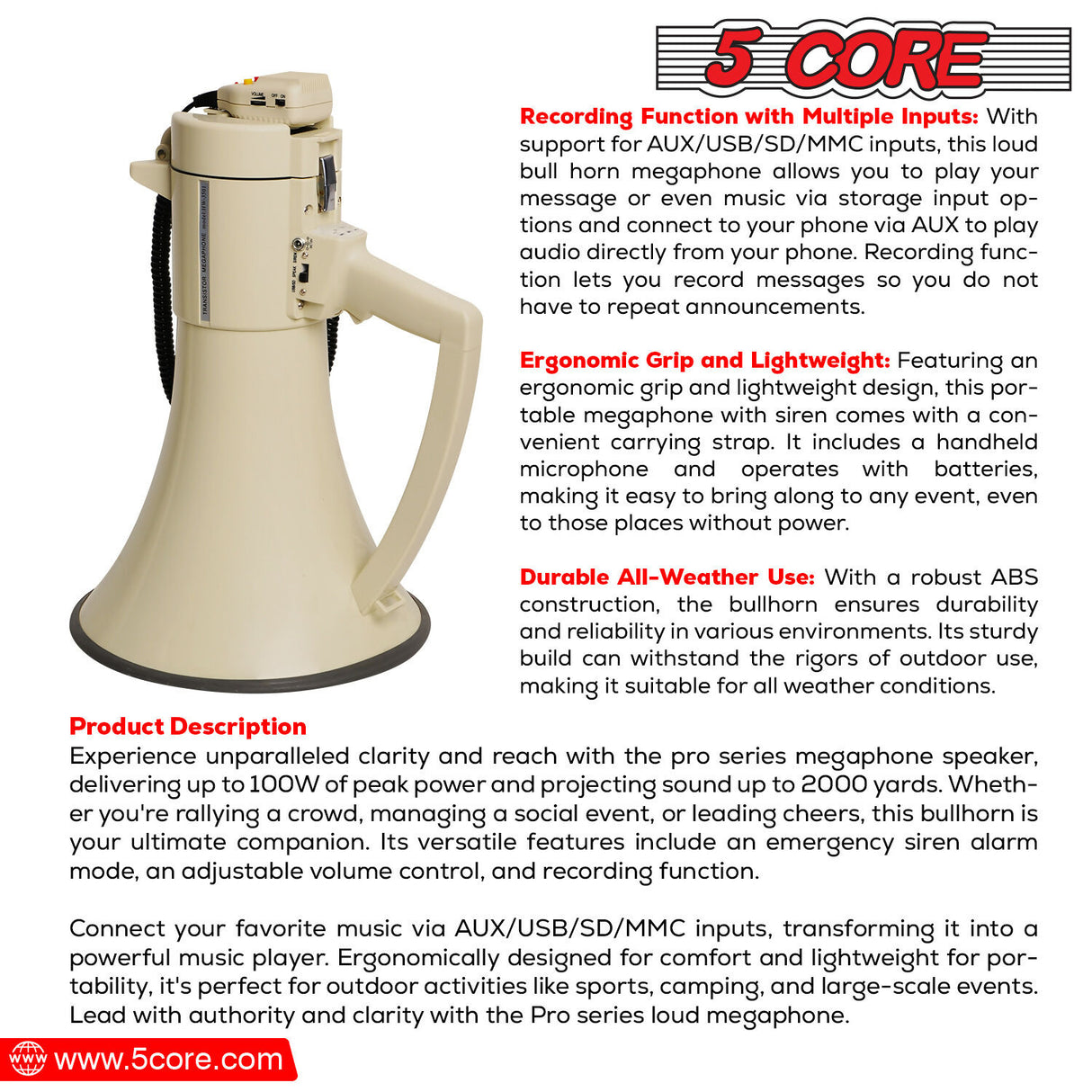 5 Core Megaphone Bullhorn Speaker 100W Bull Horn Battery Power Cheer Megafono 2000ft Range Loudspeaker