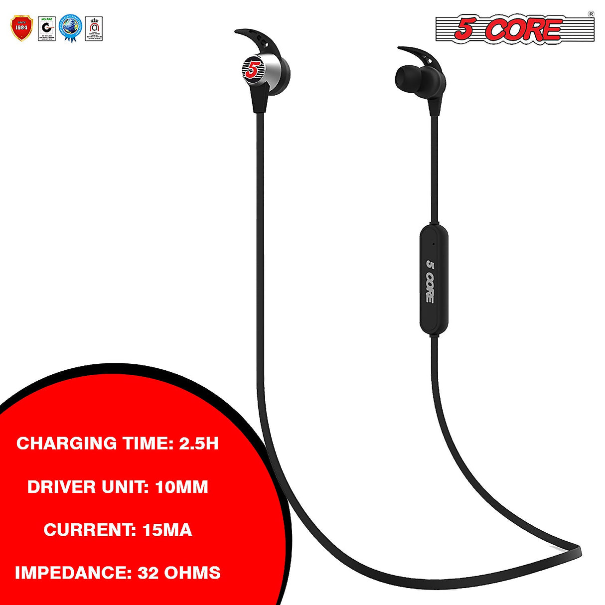5 Core Bluetooth Headphone Black | Wireless Sports Earbuds with Mic| Stereo Sweatproof in-Ear Earphones| Noise Cancelling Headsets for Gym, Running, Workout, 12 Hours Playtime - EP02 B
