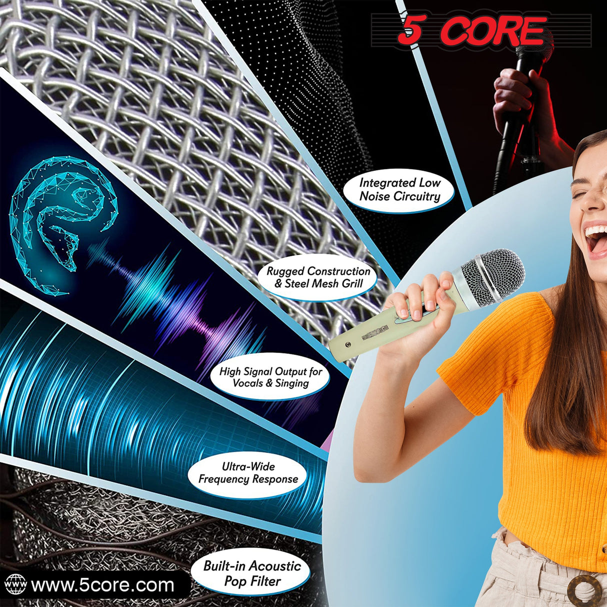 5 Core 2 Pieces Dynamic Microphone XLR Audio Cardioid Mic w/ Clip Vocal Karaoke Singing (PM286WH+BLU)2PK