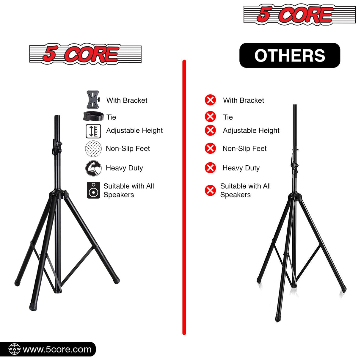 5 Core 2 Pieces PA Speaker Stands Adjustable Height Professional Heavy Duty DJ Tripod with Mounting Bracket, Tie and Carrying Bag, Extend from 41 to 72 inches, Black - Supports 132 lbs SS HD 2PK BLK WOB