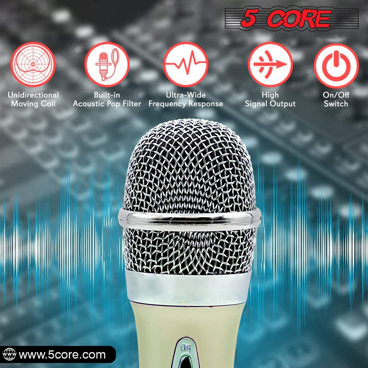 5 Core 2 Pieces Dynamic Microphone XLR Audio Cardioid Mic w/ Clip Vocal Karaoke Singing (PM286WH+BLU)2PK