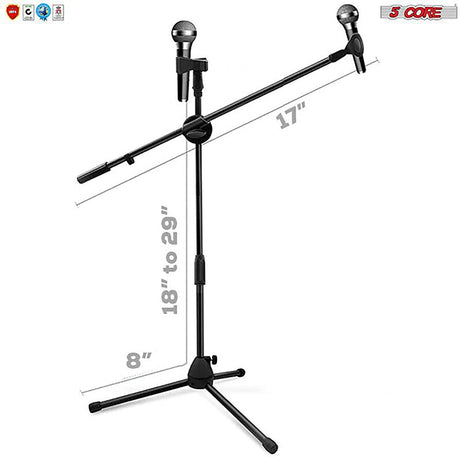 5 Core 2 Pieces Dual Microphone Stand, Foldable Tripod Boom Stand On-Stage Stands Short Adjustable Mic Stand For Singing 360 Rotating with Dual Mic Clip Holders Heavy Duty MS DBL S 2 Pcs
