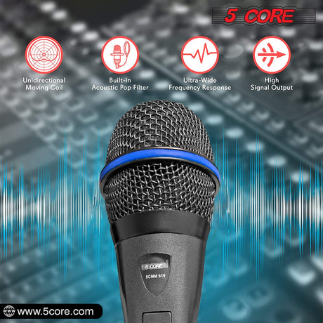5 CORE Vocal Dynamic Cardioid Handheld Microphone Neodymium Magnet Unidirectional Mic,16ft Detachable XLR Deluxe Cable to ¼ Audio Jack, On/Off Switch for Karaoke PM 619