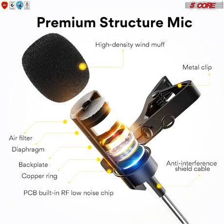 5 Core Professional Microphone Lavalier Mic Microphone for Phone, Clip on Lav Microfono CM-WRD 50