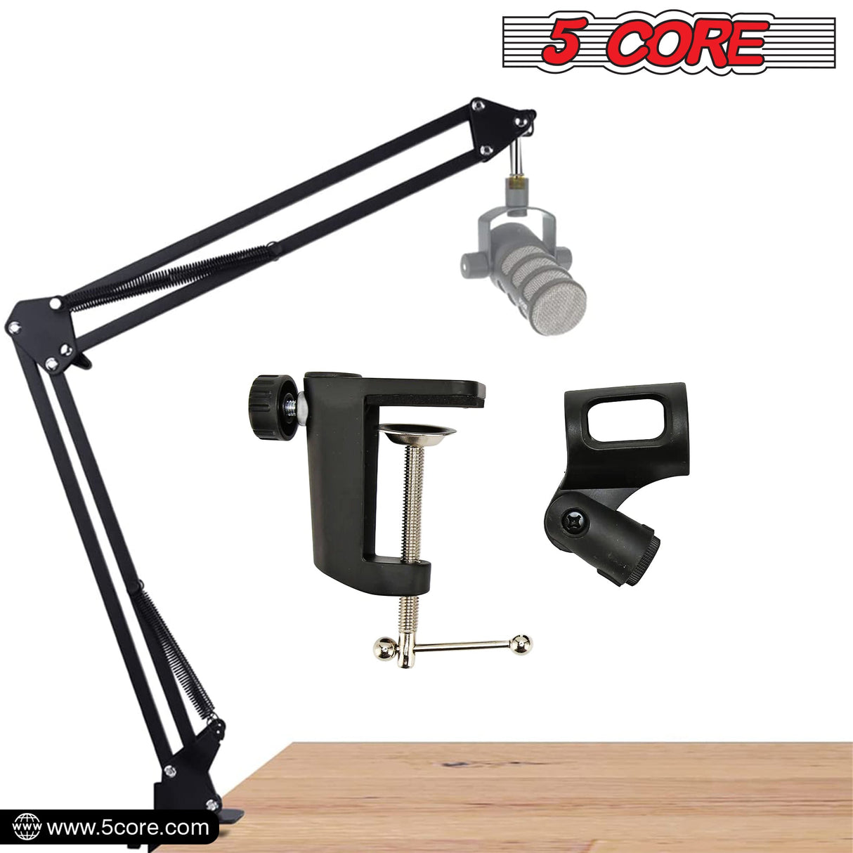 5 Core Adjustable Suspension Boom Scissor Mic Stand, with 3/8" to 5/8" Adapter, Mic Clip, Upgraded Heavy Duty Clamp & dual suspension springs desk mic stand Get in Bulk- MS ARM BLK 6PK