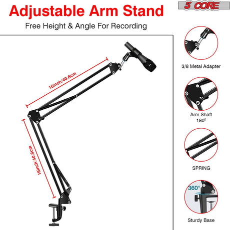 5 Core Professional Microphone Stand 16 inch with Pop Filter Heavy Duty Microphone Suspension Scissor Arm Stand and Windscreen Mask Shield, Shock Mount Holder ARM SET 16