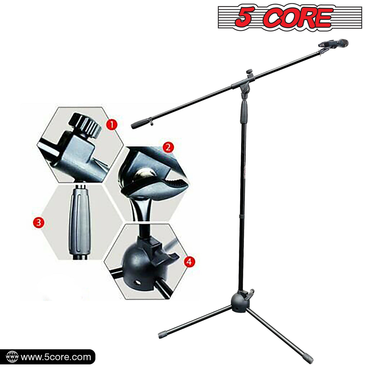 5 Core 4 Pieces Foldable Tripod Microphone Stand - Universal Mic Mount, Height Adjustable from 36 to 65 Inch w/ Extending 30” Telescoping Boom Arm - Knob Tension Lock Mechanism w/ Mic Clip MS 080 4pcs